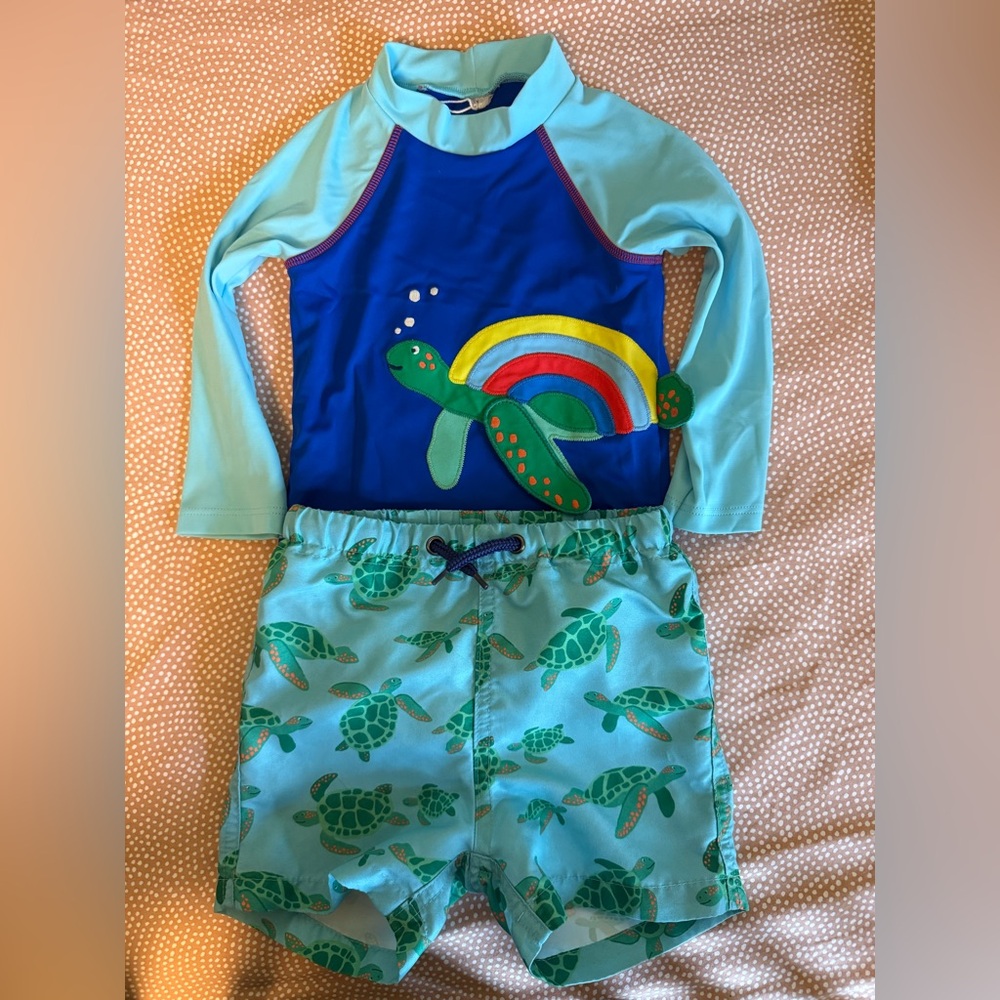 Boden Turtle Rash Guard and Swim Trunks in Blue and Green